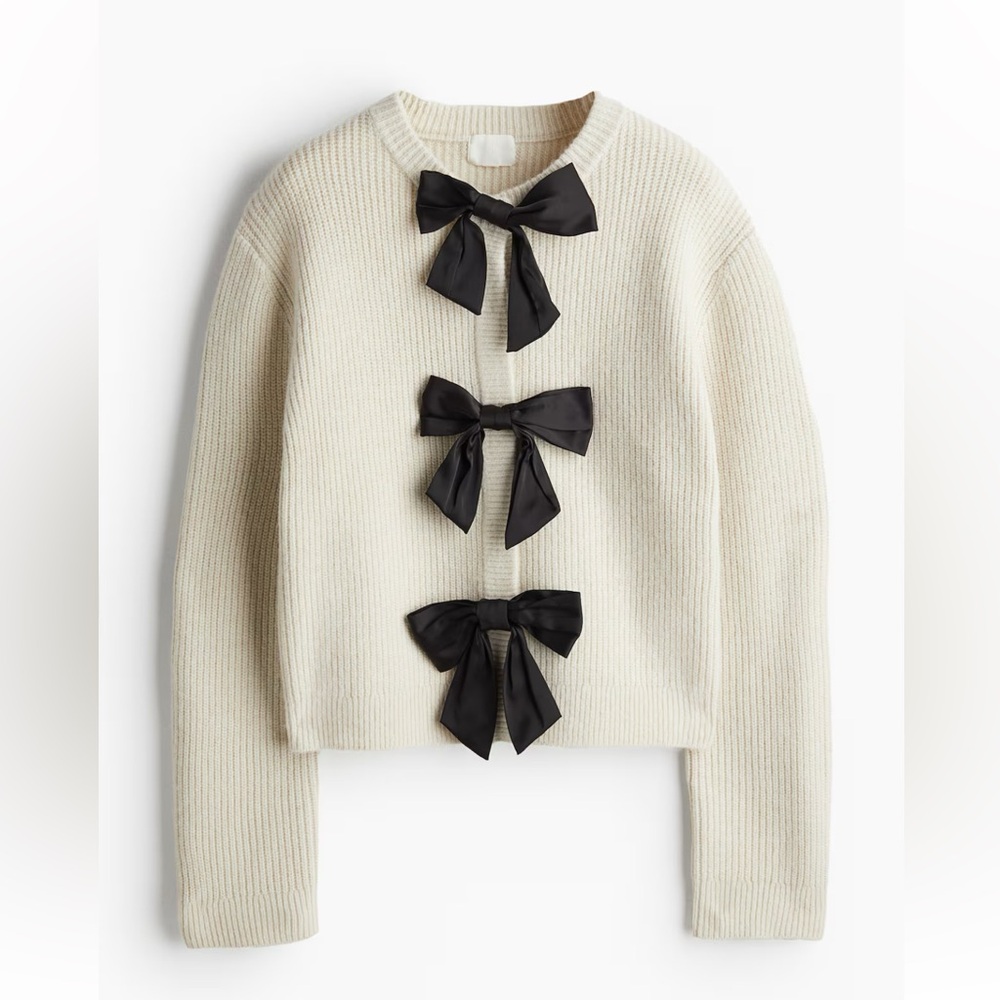 H&M Cream Cardigan with Black Bow Details Small